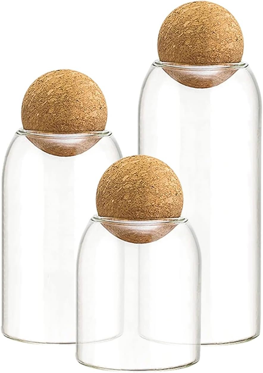 3 Pcs Glass Jars with Cork Ball Lid Set Kitchen Food Terrarium Airtight Clear Storage Canisters with Wooden Lids for Cookie Candy Coffee Bean Spice Sugar Rice