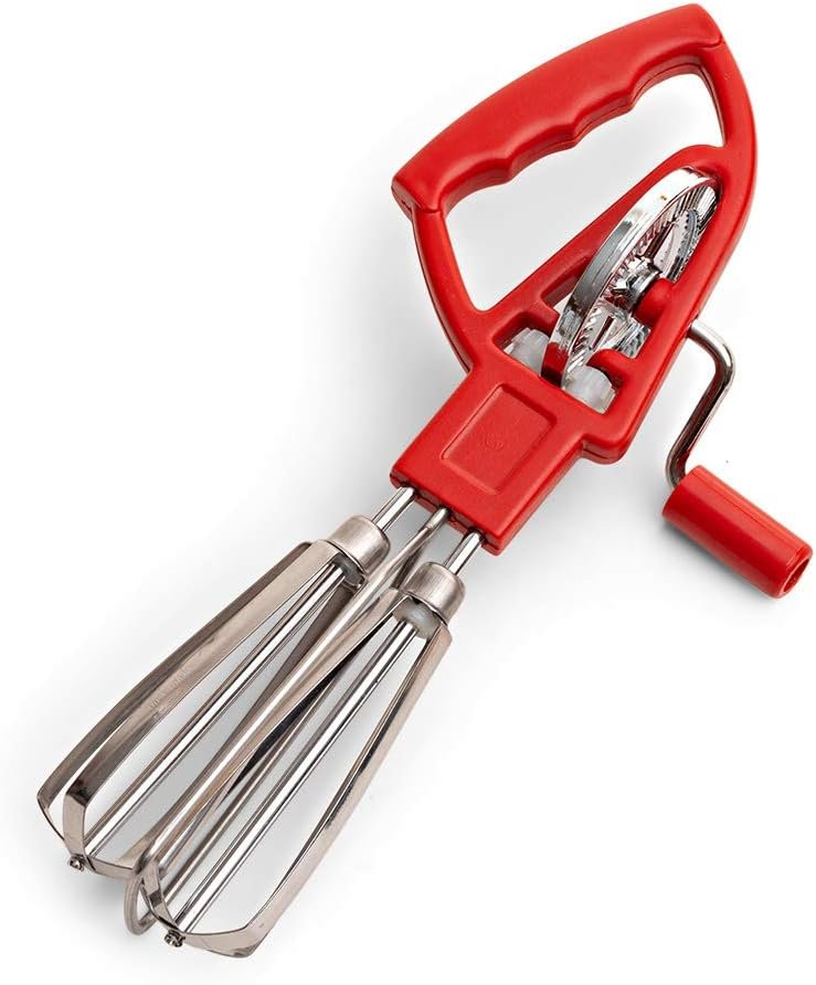 Red Manual Hand Mixer | Egg Beater with Crank | Non-Electric Kitchen Whisk | Fast Rotary Action | Made in Italy