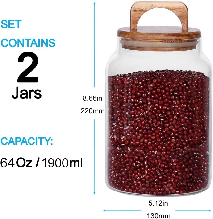 Canister Set of 2, Glass Kitchen Canisters with Airtight Acacia Lid, Tall Clear Airtight Food Storage Jar, Kitchen Pantry Storage Container for Noodles Flour Cereal Coffee - Image 2