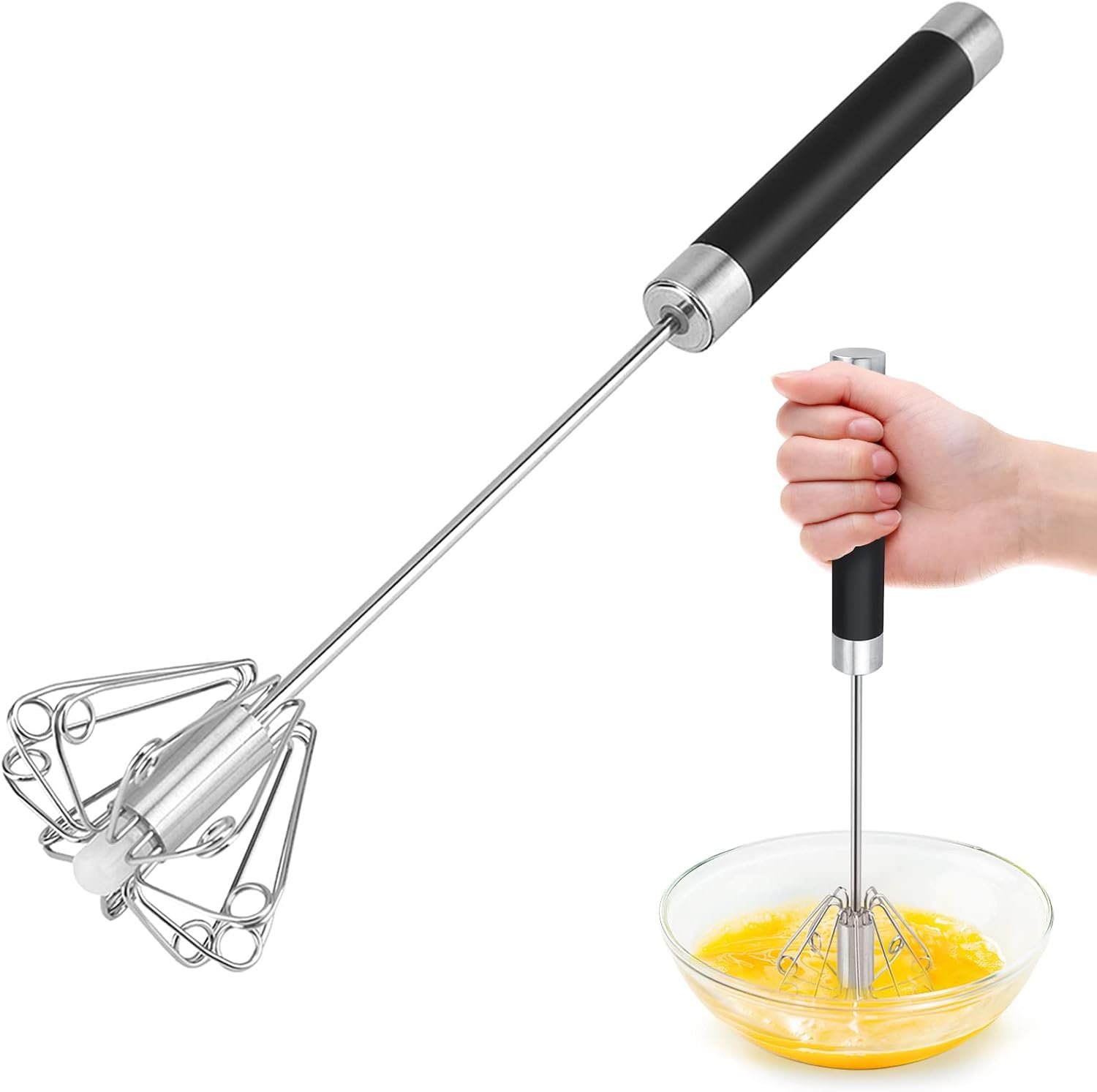 Manual Whisk Egg Beater, Stainless Steel Egg Whisk Hand Push Rotary Whisk Blender Manual Blender Rotatable Egg Beater Whisk Hand Semi Automatic Egg Whisk for Home Kitchen Baking Tool
