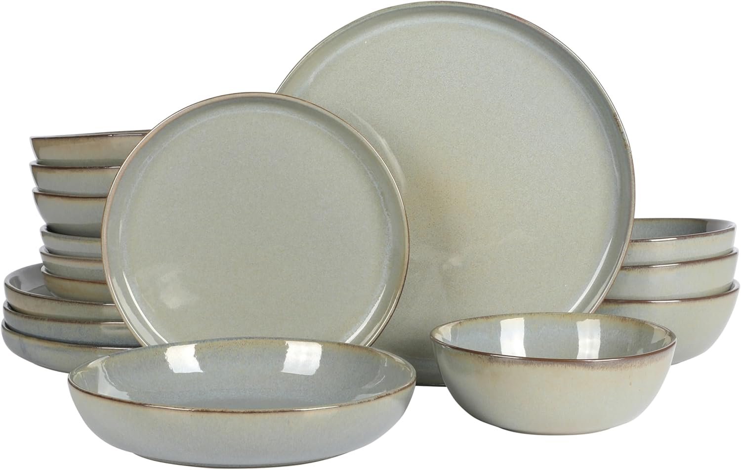 16 Piece (Service for 4) Plates and Bowls Reactive Glaze Round Dishes Stoneware Ceramic Dinnerware Set -Green