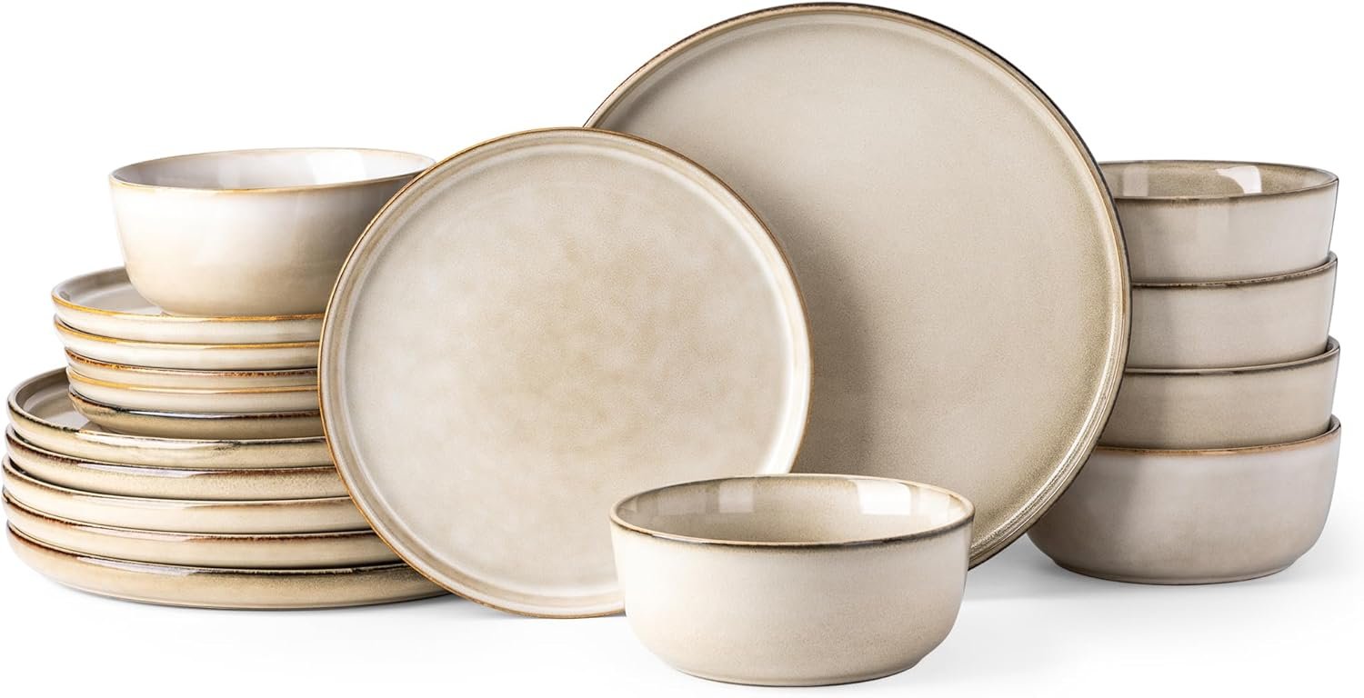 Ceramic Dinnerware Sets for 6, 18 Pieces Stoneware Plates and Bowls Sets, Scratch Resistant Dishes, Dishwasher & Microwave Safe, Reactive Glaze-Cappuccino