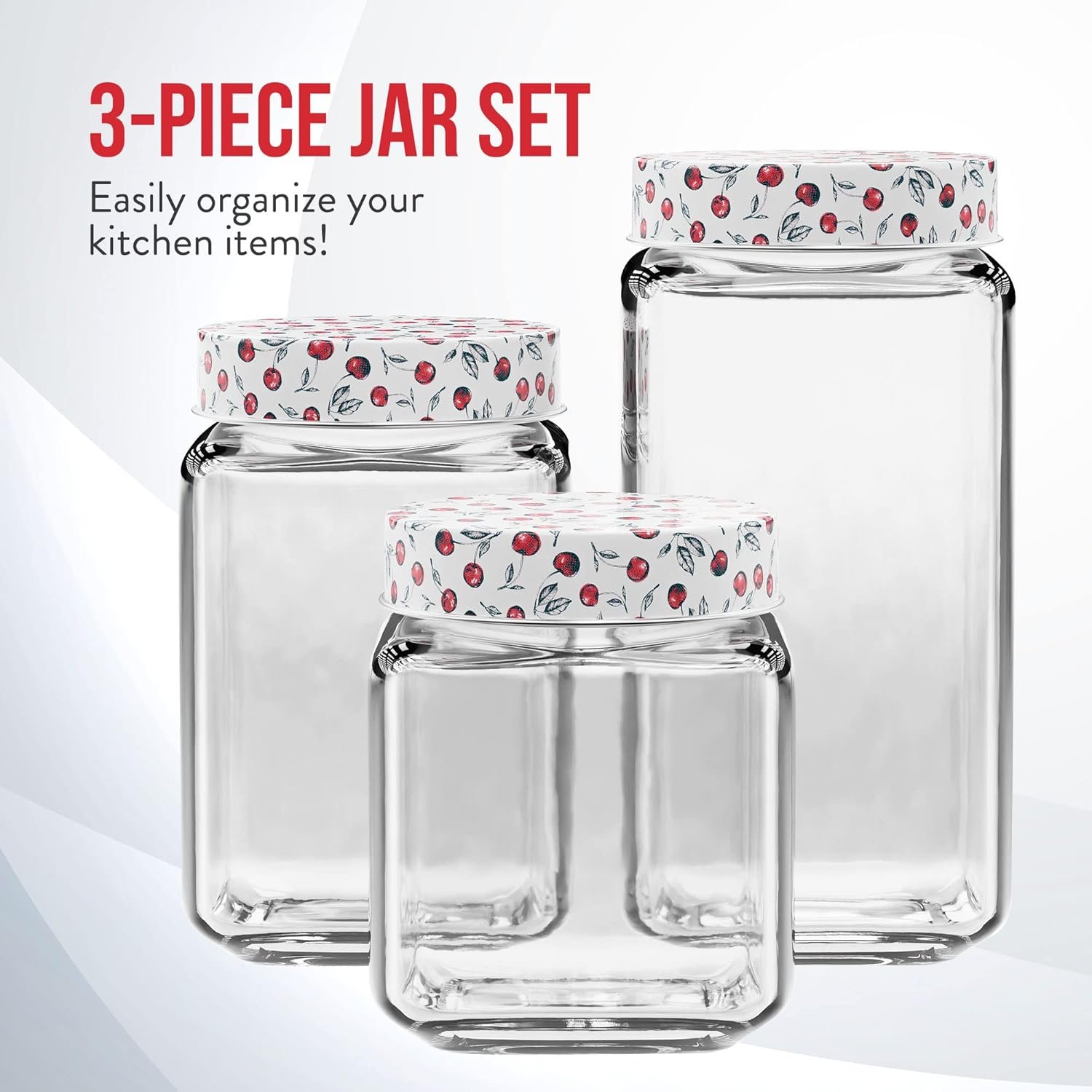 Clear Glass Jars | Set of 3 | Cherry Design on Airtight Lid | Food Storage Containers | Square | For Coffee, Beans, and Dry Goods | 45, 63, and 74-Ounce Capacity | Dishwasher Safe - Image 2