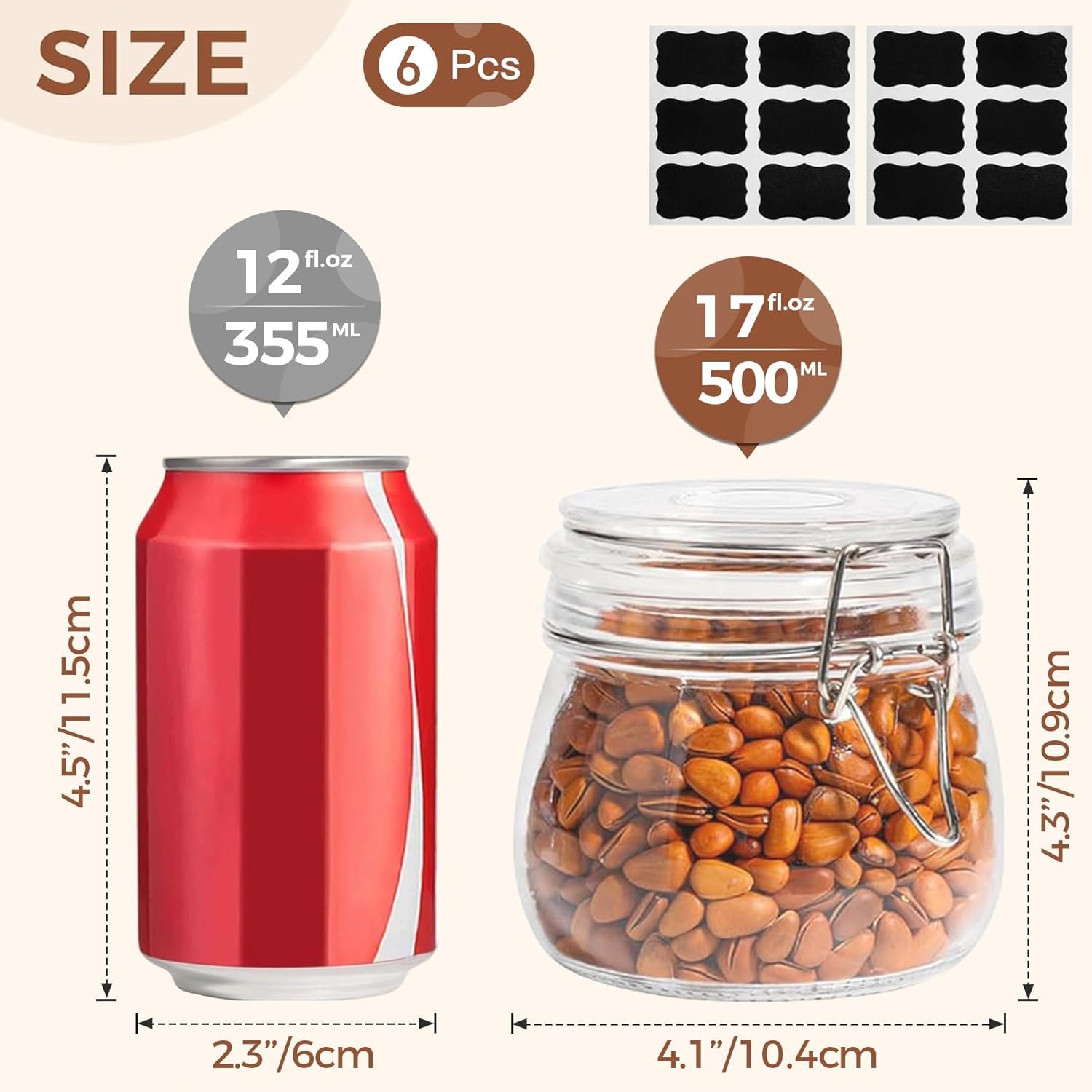 Airtight Glass Canister Set of 6 with Lids 17oz Food Storage Jar Round - Storage Container with Clear Preserving Seal Wire Clip Fastening for Kitchen Canning Cereal,Pasta,Sugar,Beans,Spice - Image 2
