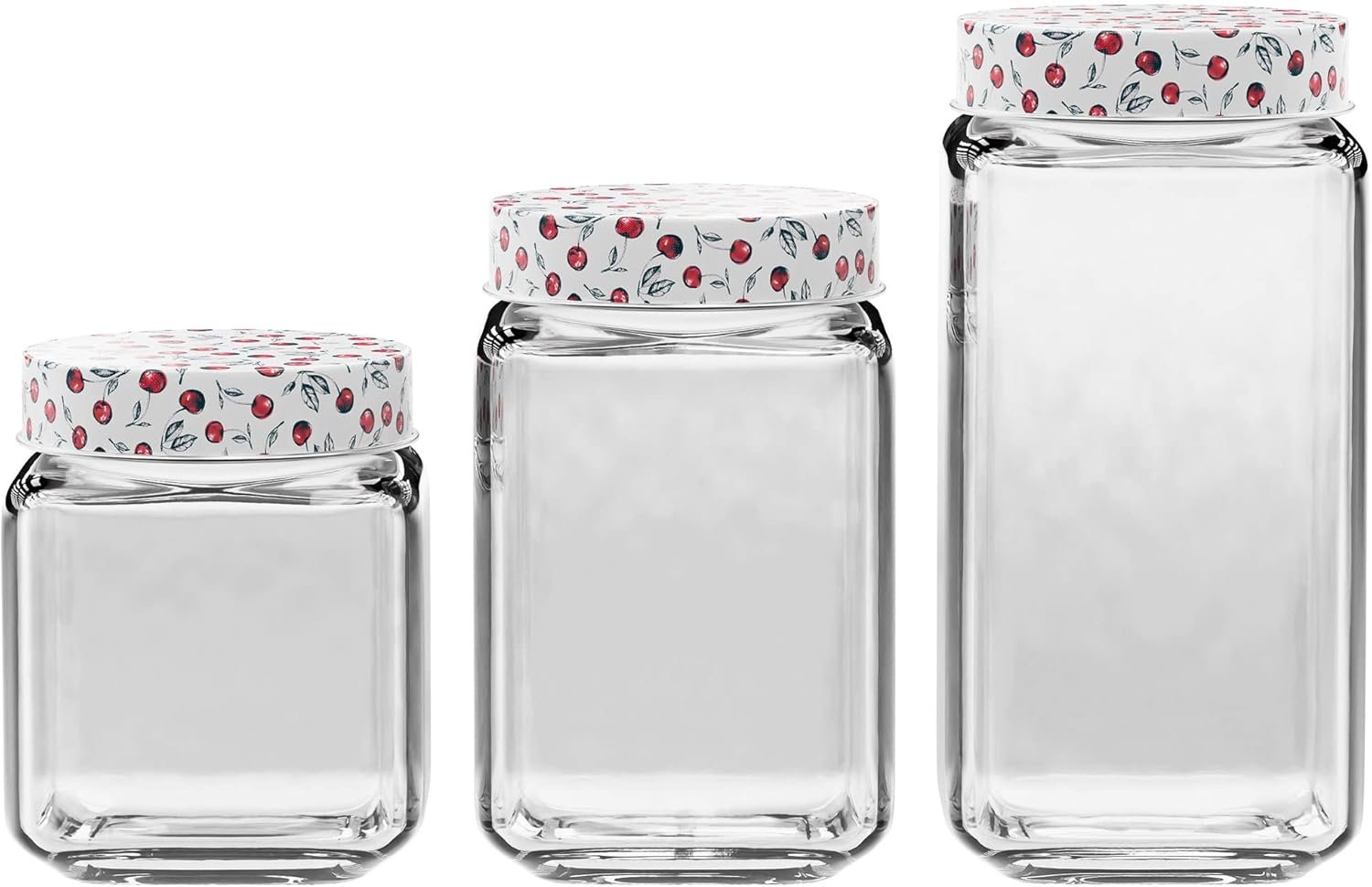 Clear Glass Jars | Set of 3 | Cherry Design on Airtight Lid | Food Storage Containers | Square | For Coffee, Beans, and Dry Goods | 45, 63, and 74-Ounce Capacity | Dishwasher Safe