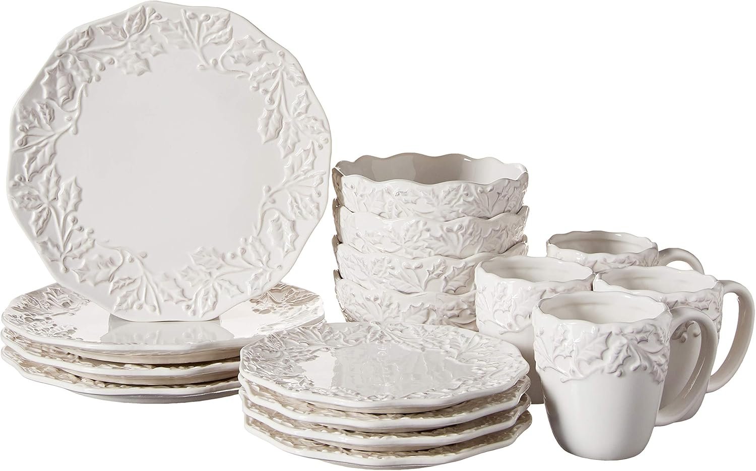 Holiday Round Dinnerware Set – 16-Piece Ceramic Party Collection w/ 4 Dinner Salad Plates, 4 Bowls & 4 Mugs –Gift Idea for Special Occasions, White,