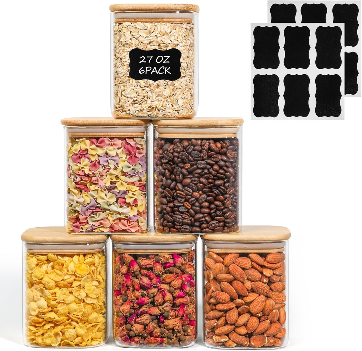 27 oz Glass Food Storage Jars Set of 6, Clear Storage Containers with Airtight Lids, Pantry Organization Jar, Spice Jar, Blooming Tea, Oat, Coffee and Sugar Container, Canister Set for Kitchen