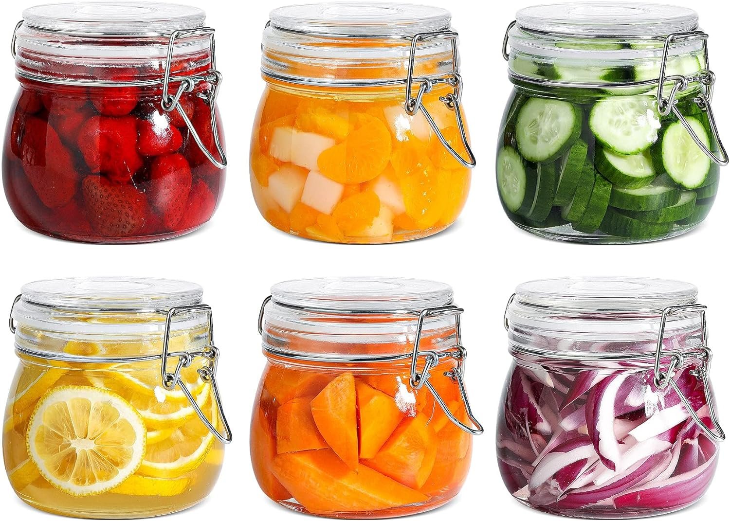 Airtight Glass Canister Set of 6 with Lids 17oz Food Storage Jar Round - Storage Container with Clear Preserving Seal Wire Clip Fastening for Kitchen Canning Cereal,Pasta,Sugar,Beans,Spice
