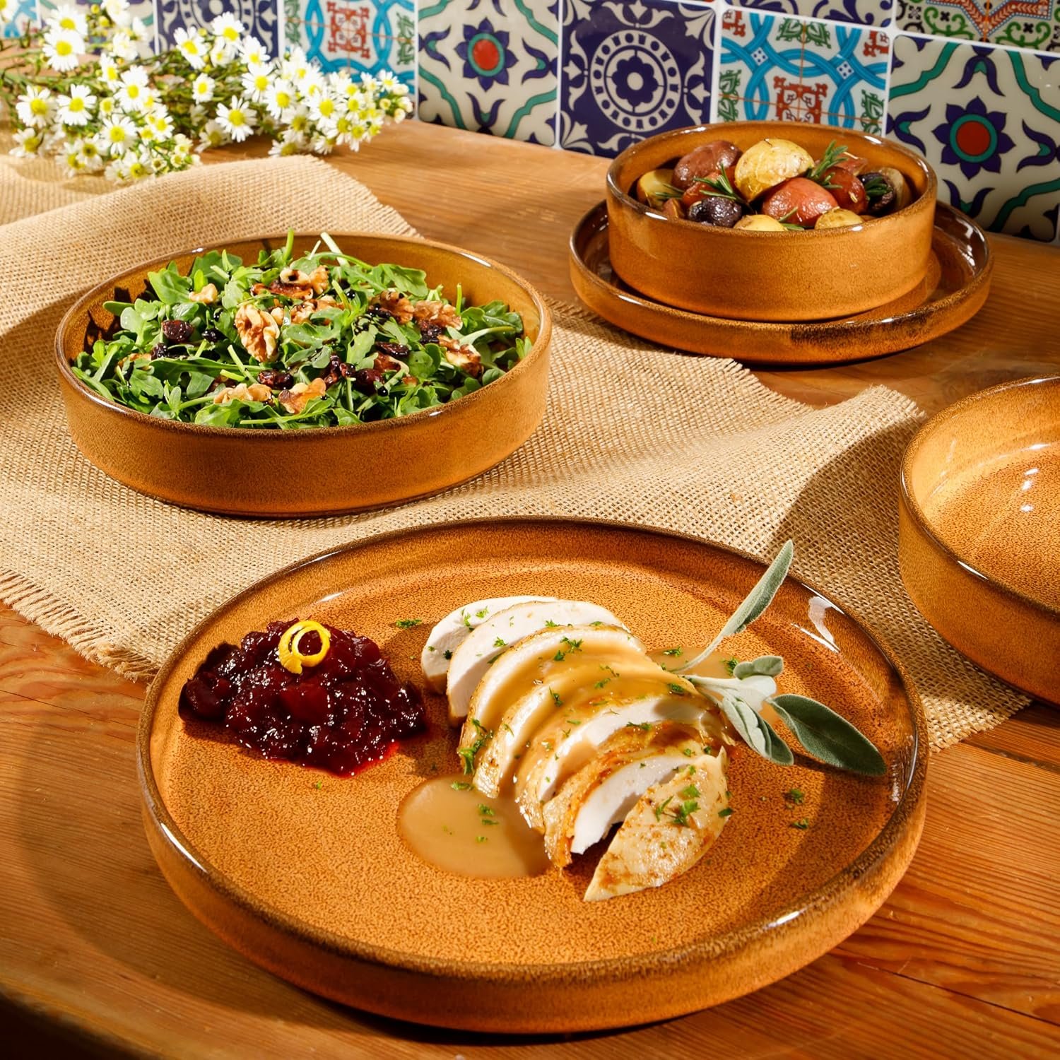 Oprah's Favorite Things - Santorini Mist Double Bowl Terracotta Reactive Glaze Plates and Bowls Dinnerware Set - Amber, Service for Four (16pcs) - Image 2